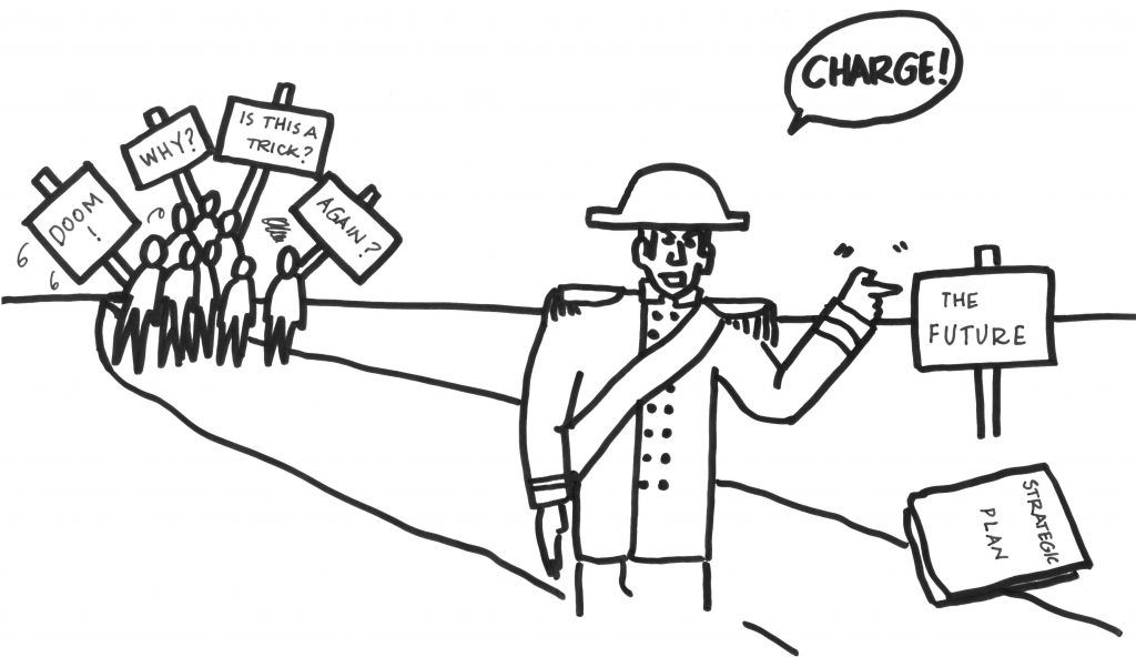 drawing of a general asking workers to charge toward the future with a strategic plan